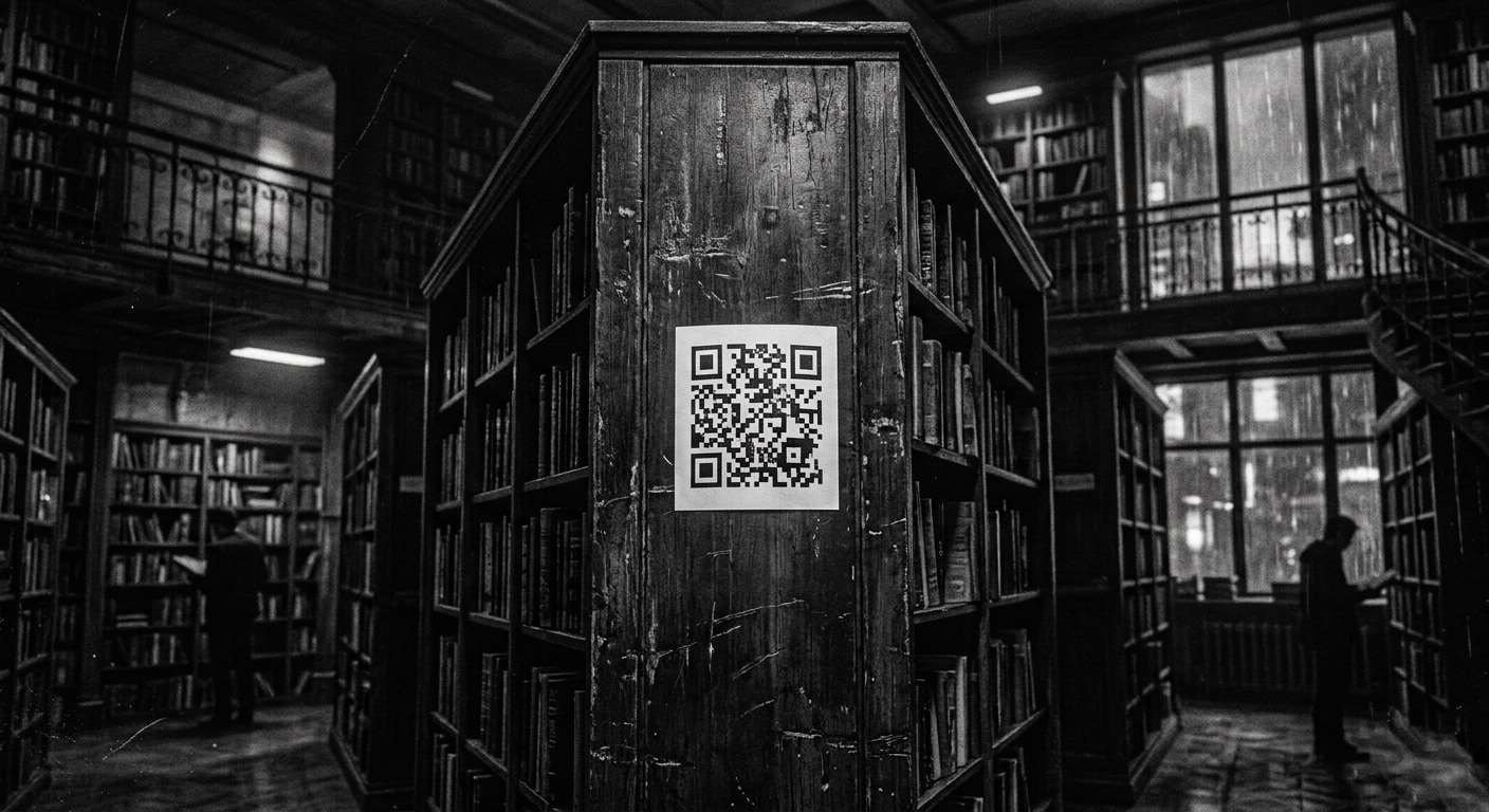 A QR code taped to a column in an old library at night
